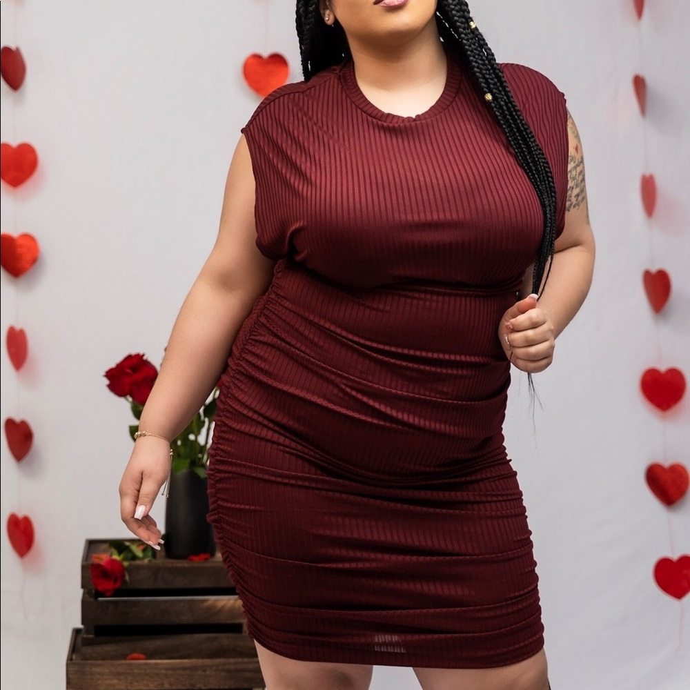 Wine Ruched Cowl Neck Dress/ Plus Size 3X